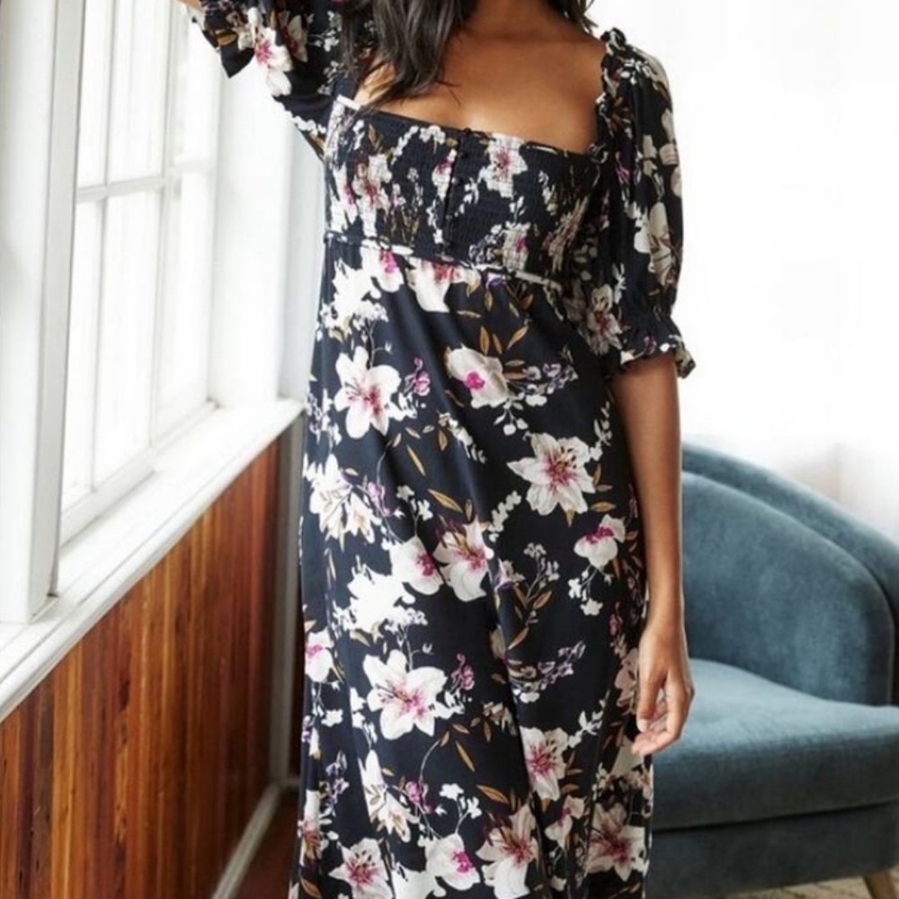 Anthropologie Floral Midi Dress with Puff Sleeves and Smocked Bust NWT - Picture 12 of 12